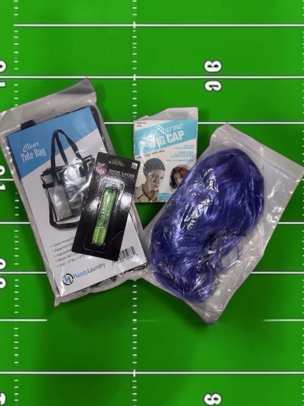 Bundle!! Purple Synthetic Wig, Wig Cap Shoe laces and clear game bag